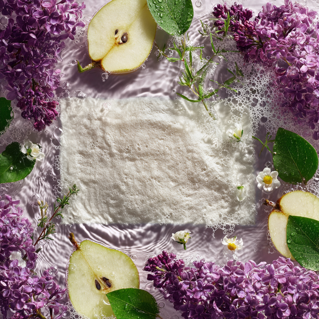 Foamy water with pear slices, purple flowers, and green leaves.