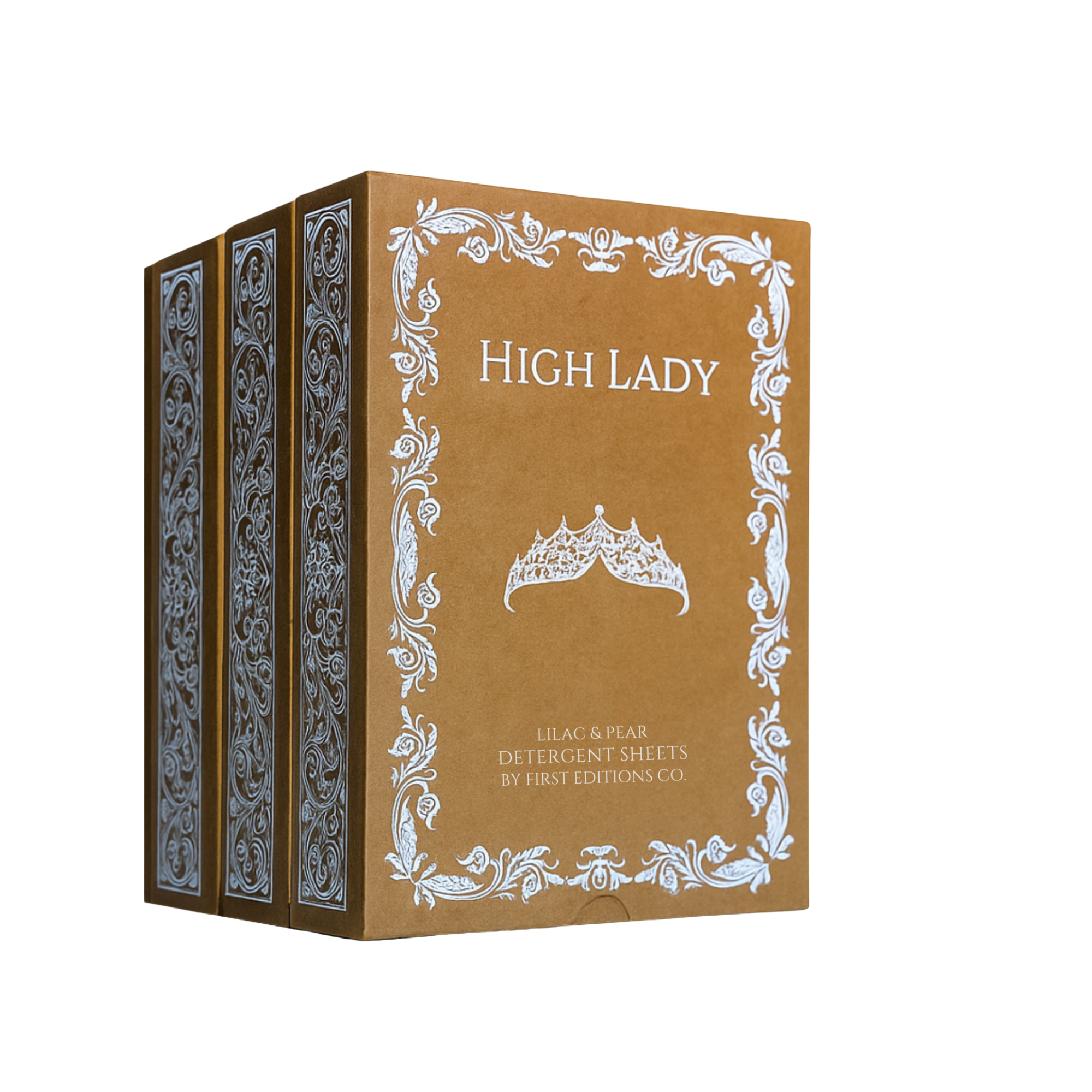 Brown box with ornate white design, labeled 'High Lady' detergent sheets.