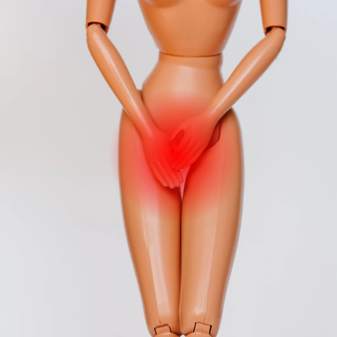 Plastic doll with hands covering groin area, highlighted in red, indicating discomfort or pain.