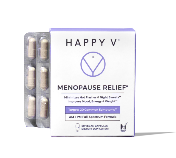 A box of Happy V Menopause Relief dietary supplement next to a blister pack of vegan capsules.