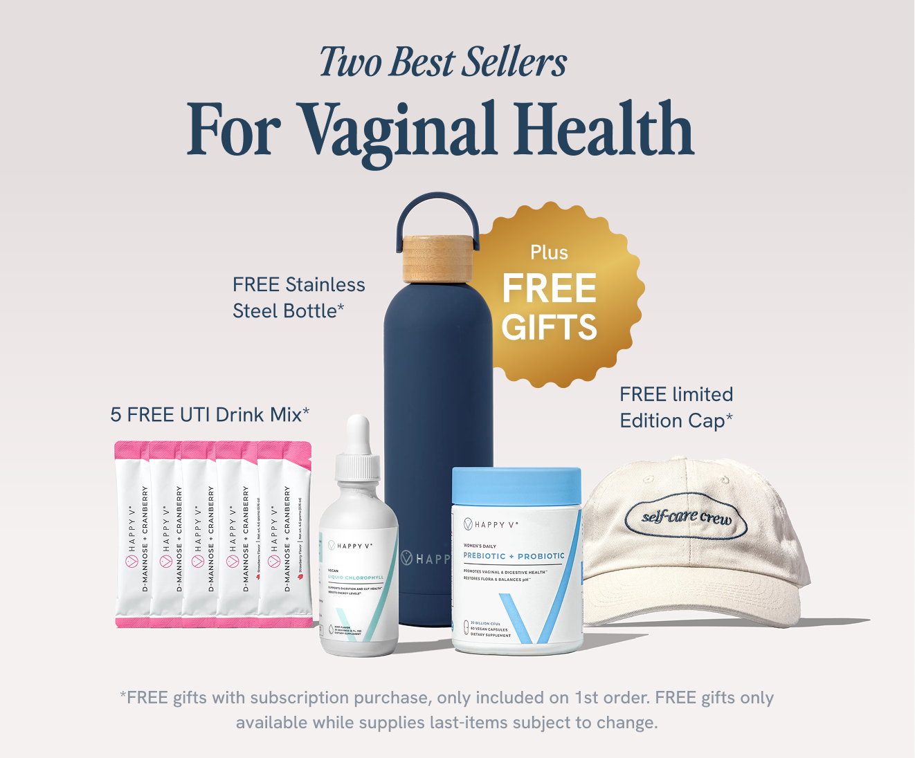 An advertisement for Happy V vaginal health products with several free gifts including a bottle and a cap.