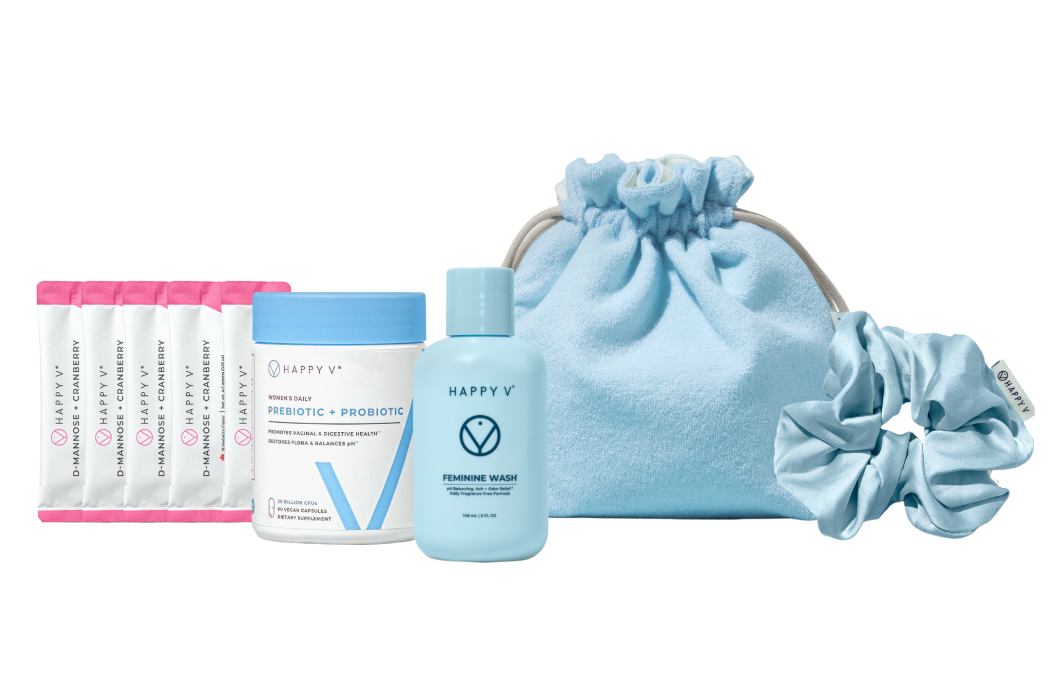 A collection of Happy V feminine care products including supplements, wash, a pouch, and a scrunchie.
