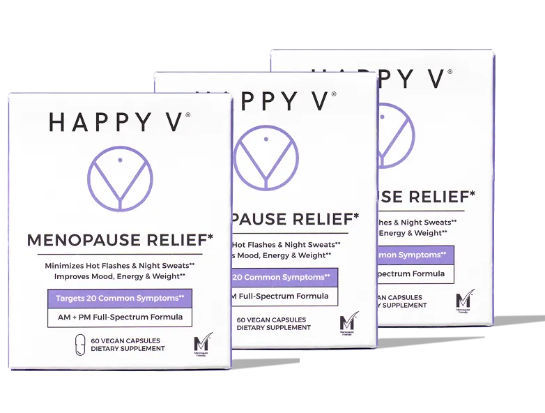 Three boxes of Happy V Menopause Relief supplements.