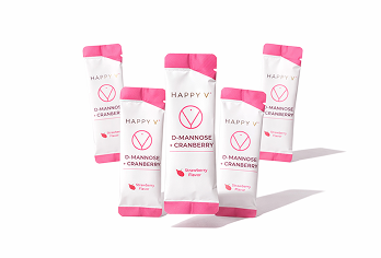 Five pink and white D-Mannose + Cranberry supplement packets.