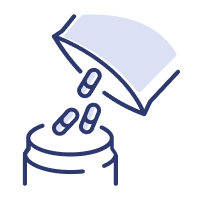 Illustration of pills being poured from a packet into a container.