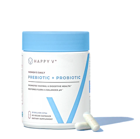 A bottle of Happy V Women's Daily Prebiotic + Probiotic supplement with two capsules next to it.
