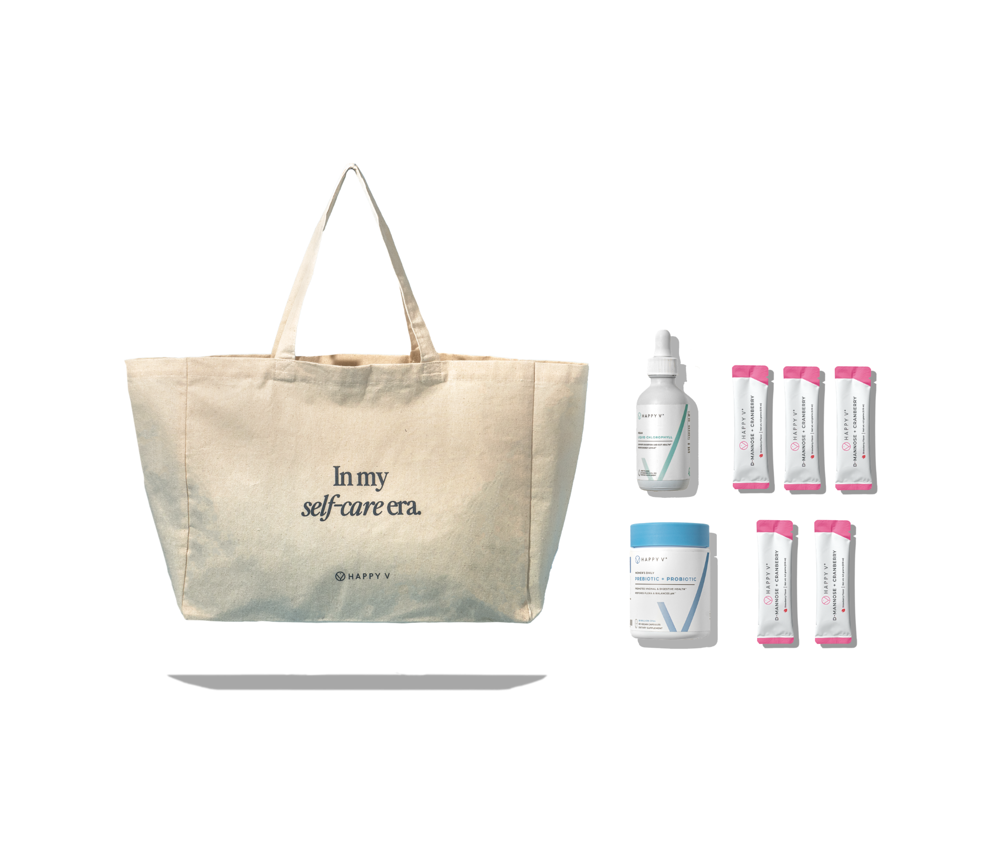 A canvas tote bag with 'In my self-care era' next to various Happy V supplement products.