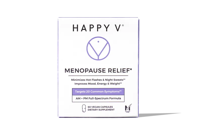 Box of Happy V menopause relief capsules with product details.