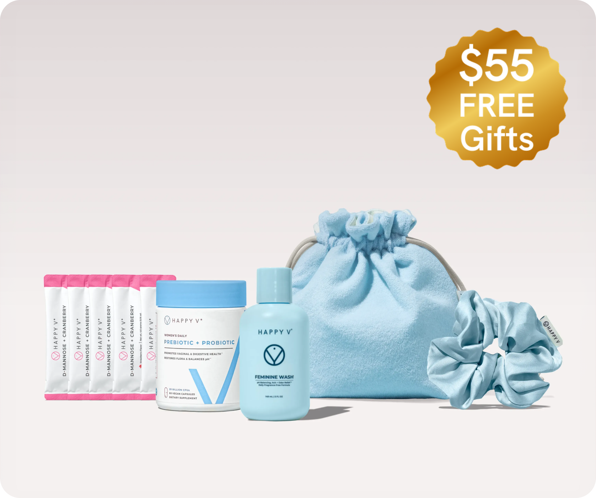 Happy V feminine care products including supplements, wash, a blue bag, and a matching scrunchie.