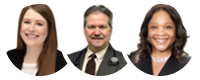 Three people in business attire, smiling, in circular frames.