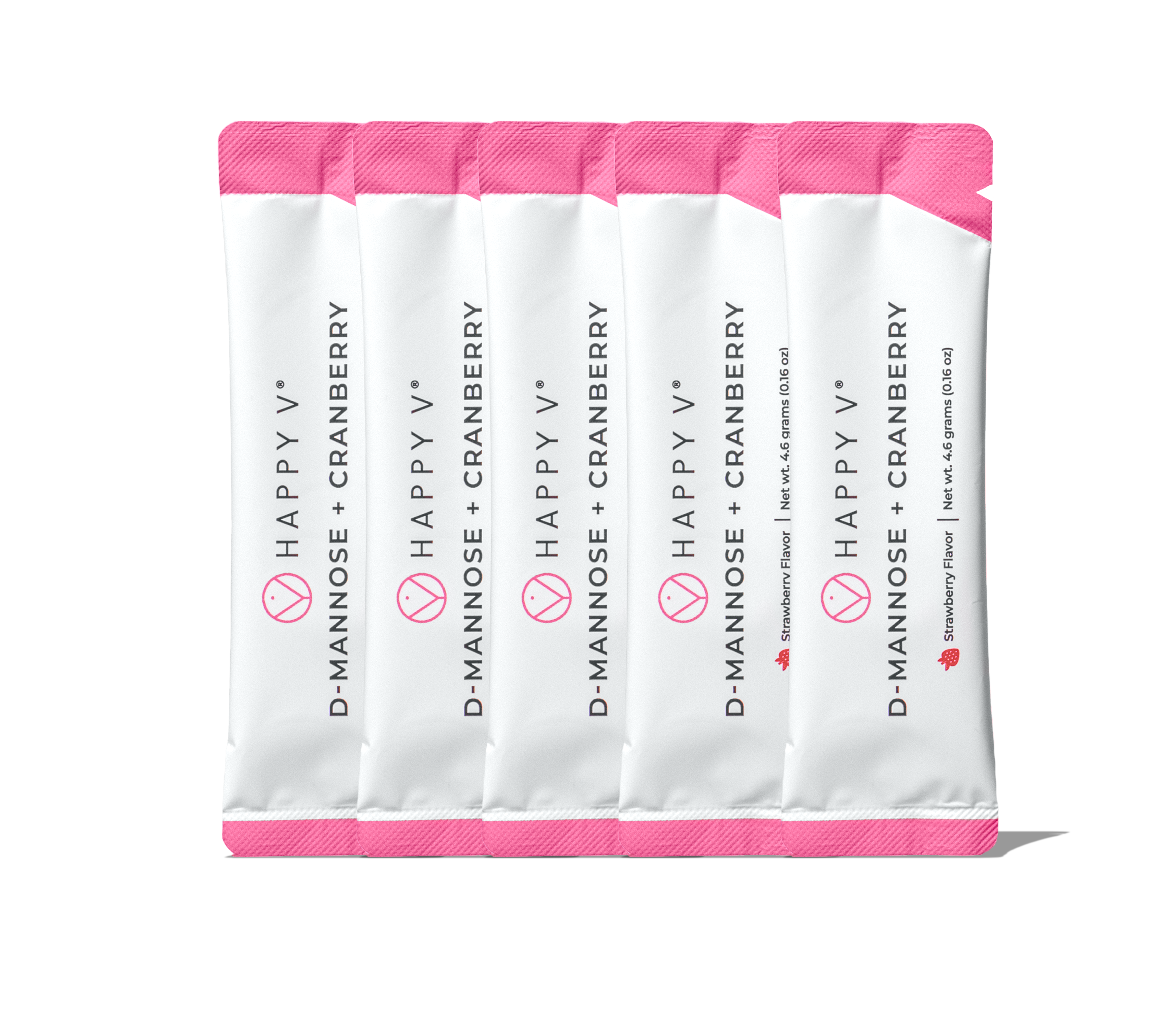 Five pink and white D-Mannose + Cranberry supplement packets.
