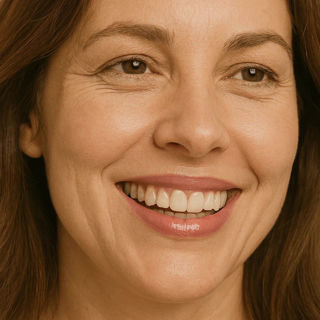 Close-up of a smiling person with brown hair and visible teeth.