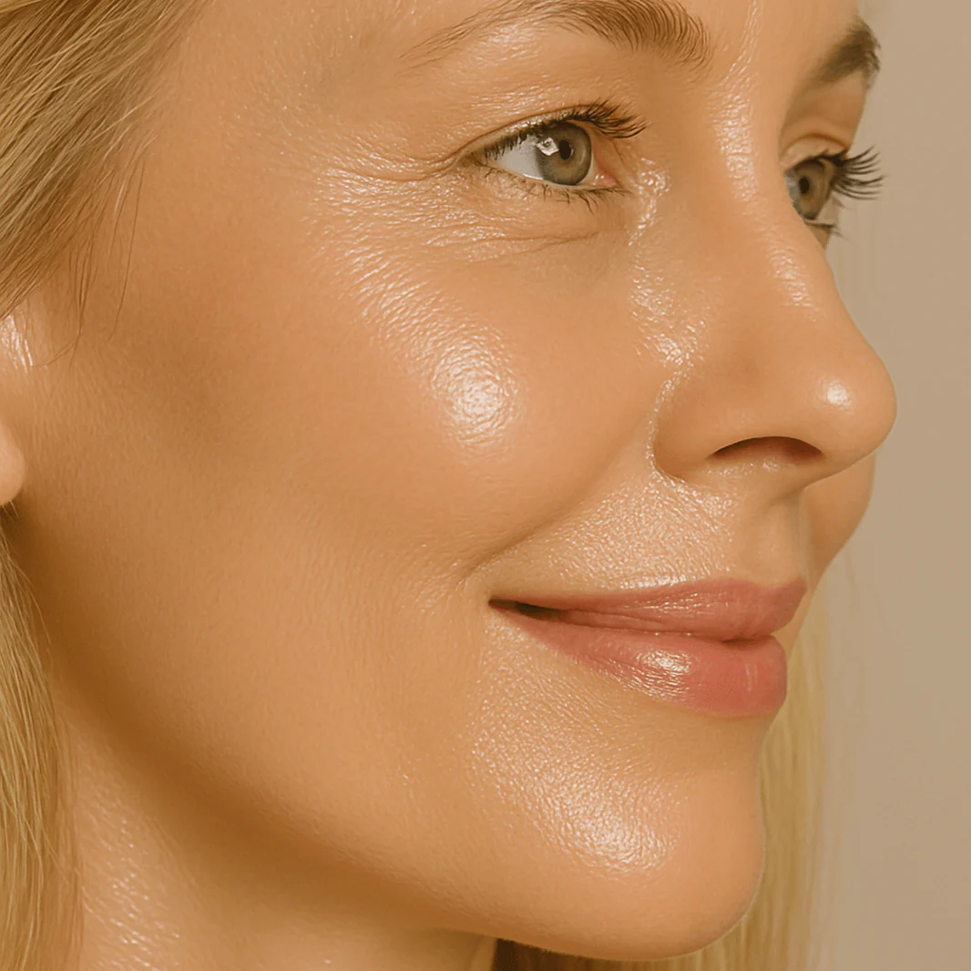 Close-up of a smiling woman's face with smooth, glowing skin.