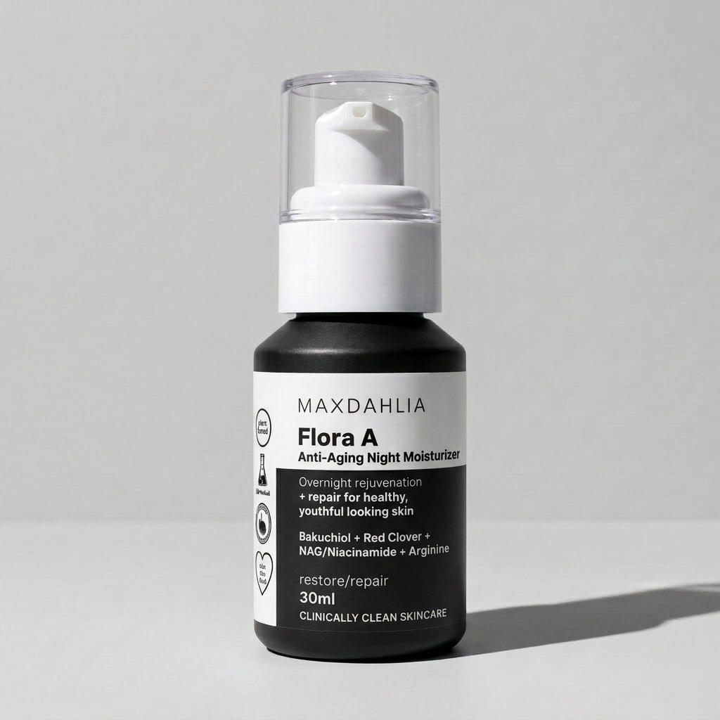 A black bottle of Maxdahlia Flora A Anti-Aging Night Moisturizer on a light grey background.