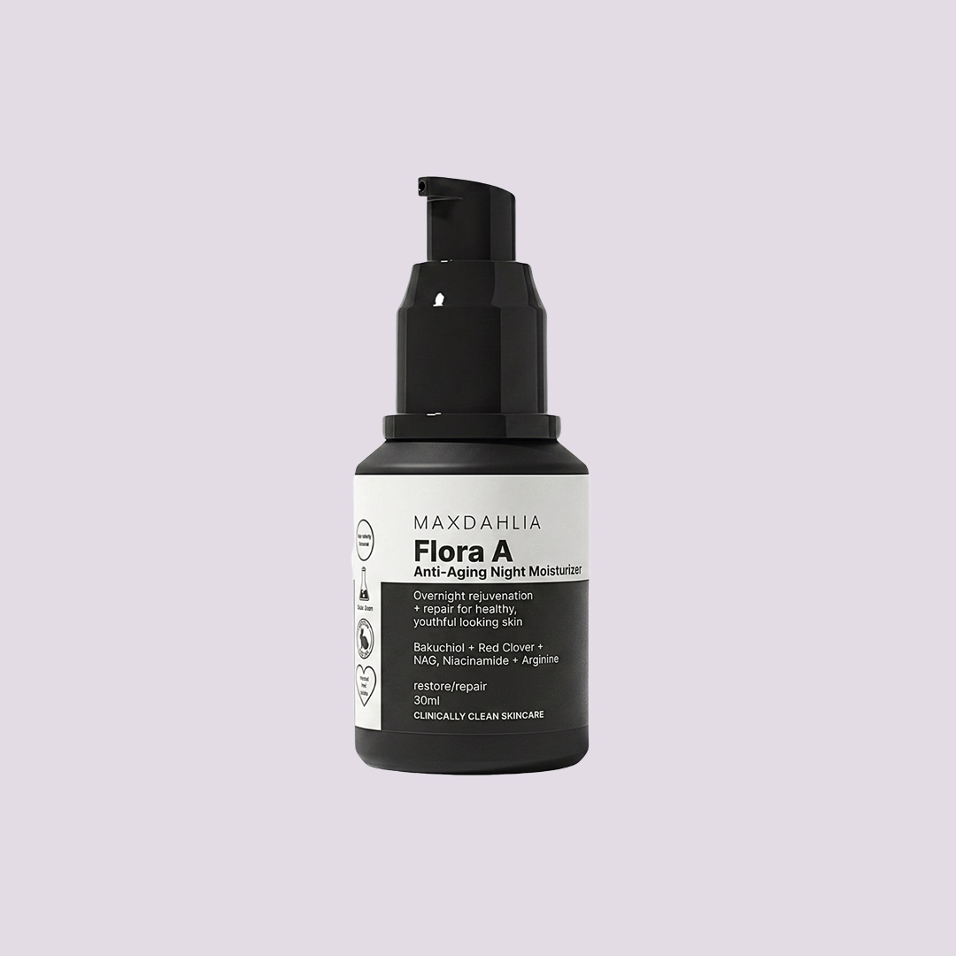 A black bottle of Maxdahlia Flora A Anti-Aging Night Moisturizer against a solid light purple background.
