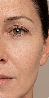 A close-up shot of the left side of a woman's face, focusing on her eye and skin texture.