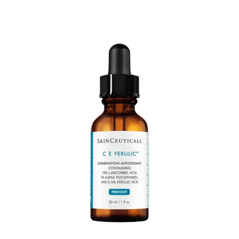 A brown dropper bottle of SkinCeuticals C E Ferulic serum against a plain white background.
