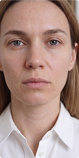 A close-up headshot of a woman with a neutral expression, wearing a white collared shirt.