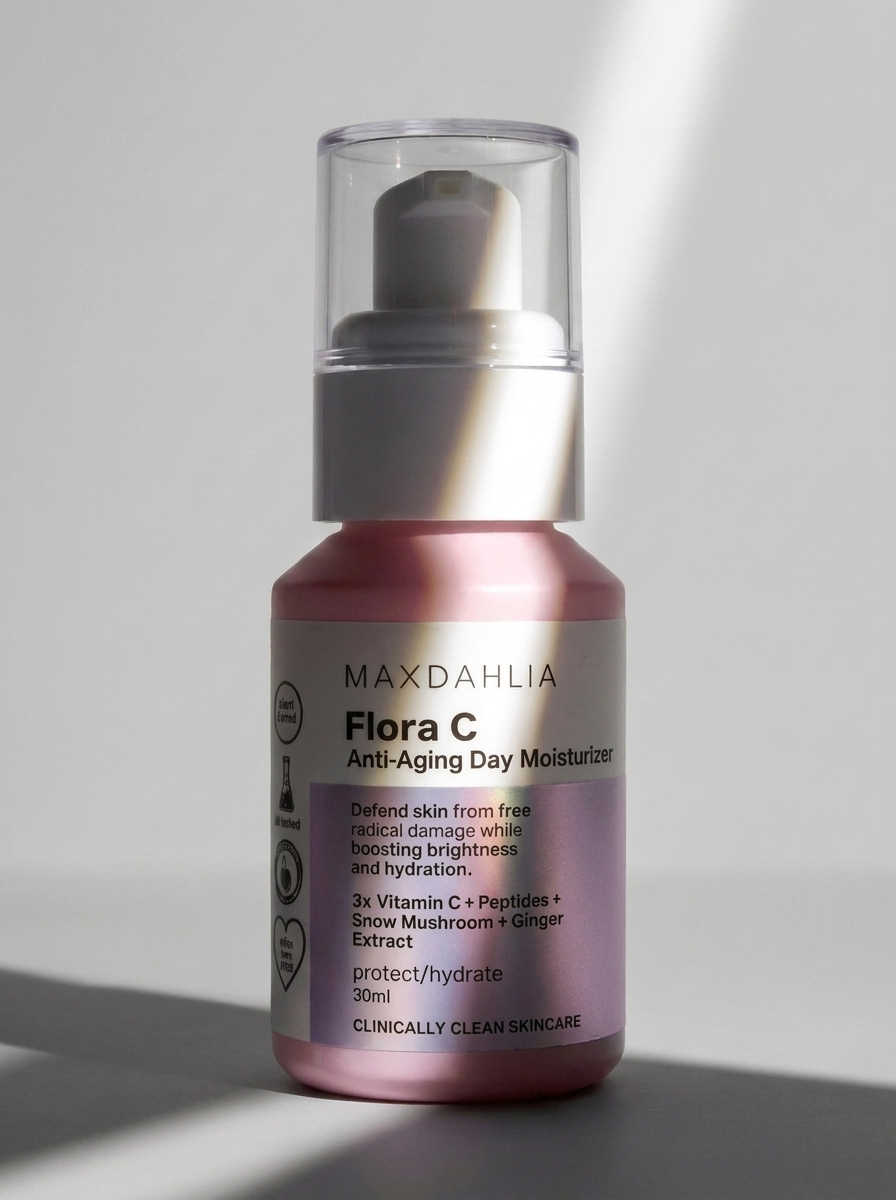 A pink pump bottle of Maxdahlia Flora C Anti-Aging Day Moisturizer against a plain background.