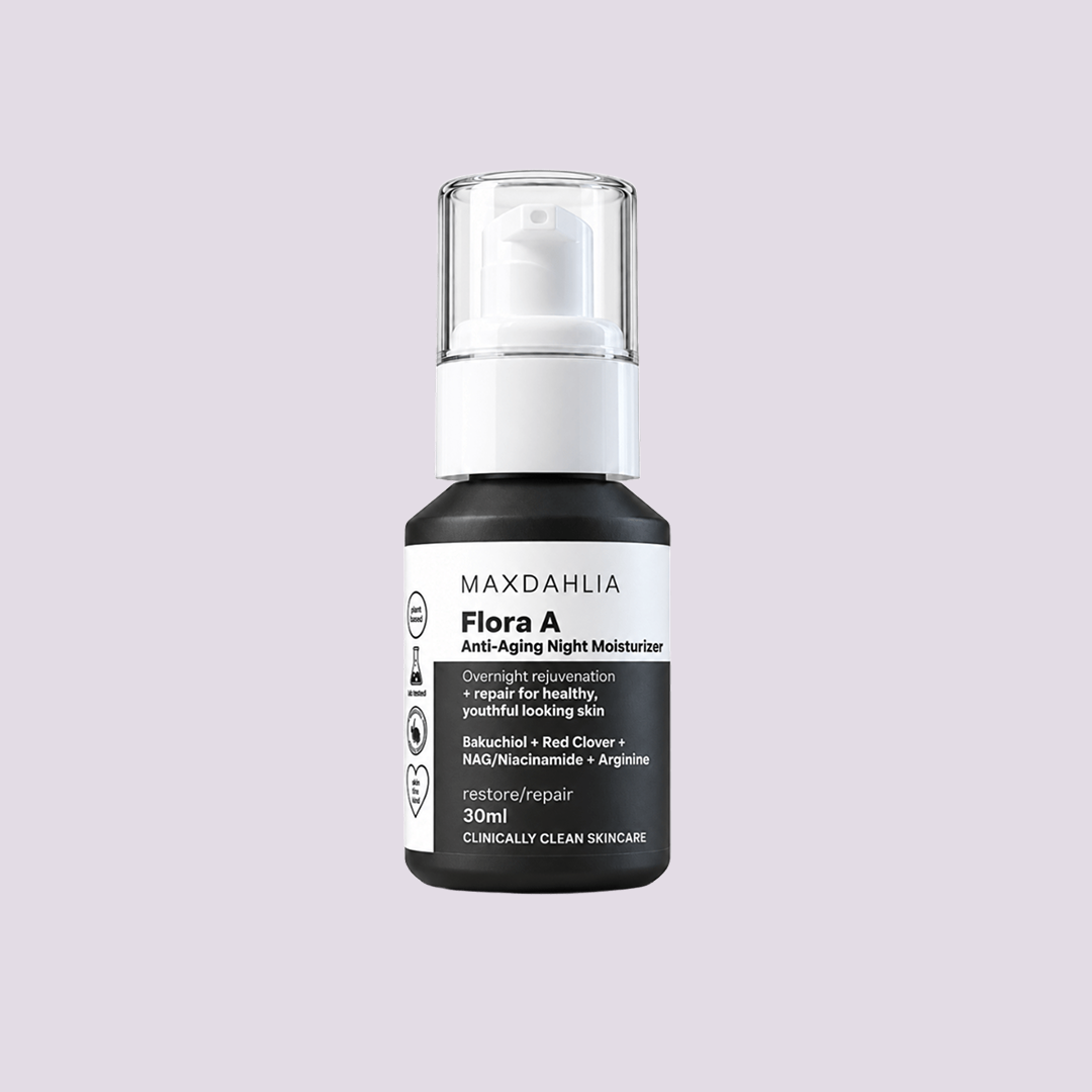 A black bottle of Maxdahlia Flora A Anti-Aging Night Moisturizer against a solid light purple background.