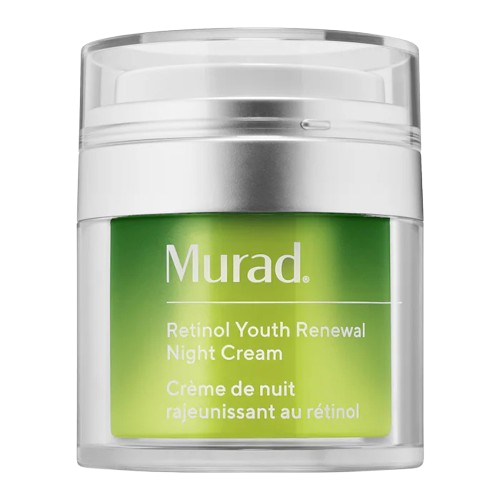 A clear jar of Murad Retinol Youth Renewal Night Cream with a green label and silver pump lid.