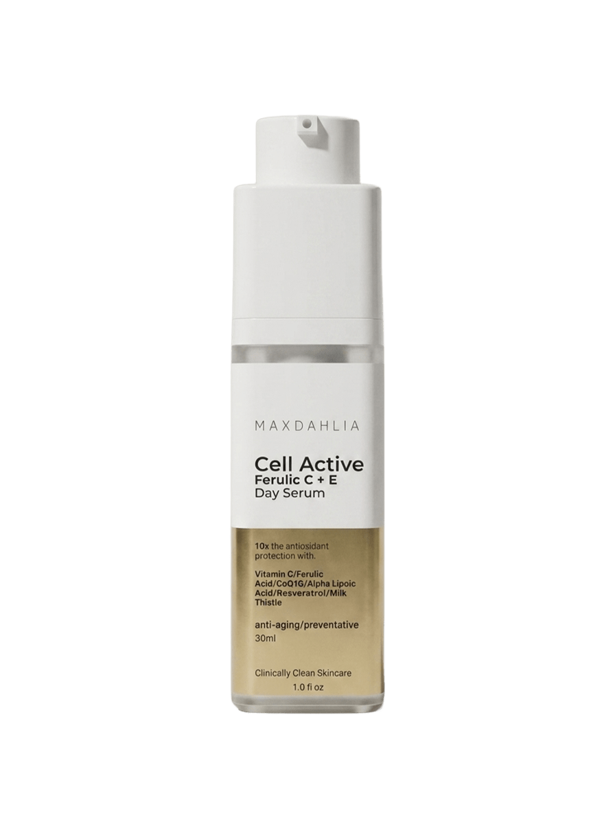 A white and gold pump bottle of Maxdahlia Cell Active Ferulic C+E Day Serum on a white background.