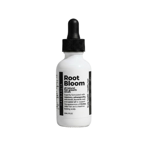 A white bottle of Maxdahlia Root Bloom hair growth serum with a black dropper lid on a white background.