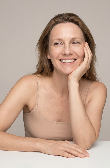 A smiling woman in a beige camisole sits at a table, resting her head on her hand.