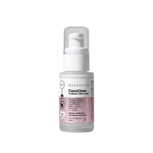 A bottle of Maxdahlia CocoGlow Probiotic Milk Drops against a white background.