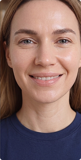 A close-up of a smiling woman with blonde hair wearing a dark blue t-shirt.