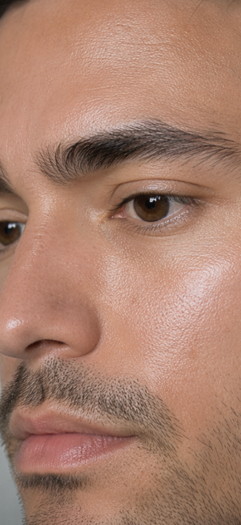 A close-up of a man's face, showing his shiny skin, brown eye, nose, and stubble.