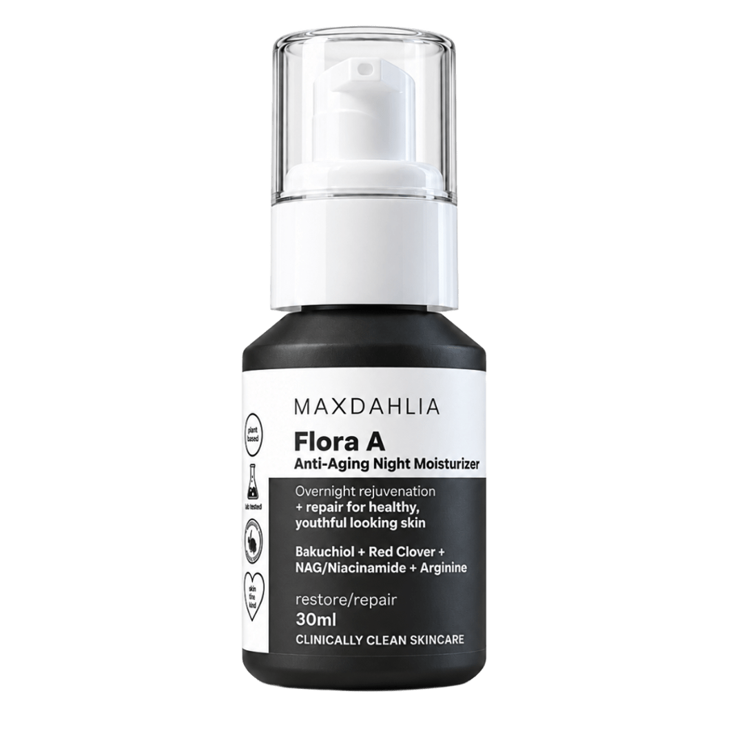 A black pump bottle of Maxdahlia Flora A Anti-Aging Night Moisturizer against a white background.