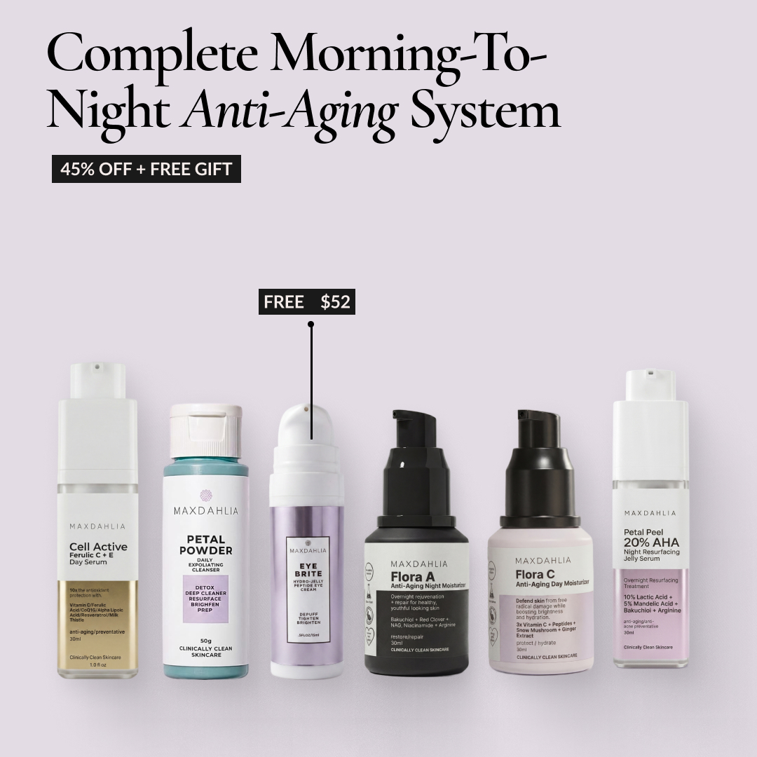 A promotional image showing six Maxdahlia brand anti-aging skincare products in a row.