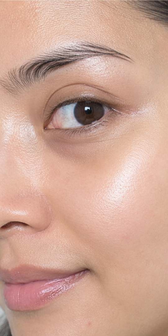 A close-up shot of a person's face, focusing on their eye, eyebrow, and dewy skin.