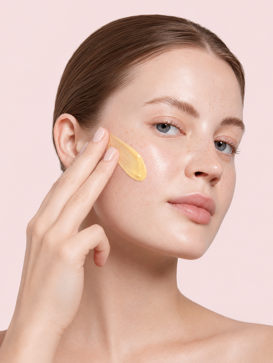 A woman with her hair pulled back applies a yellow cream to her cheek with her fingers.