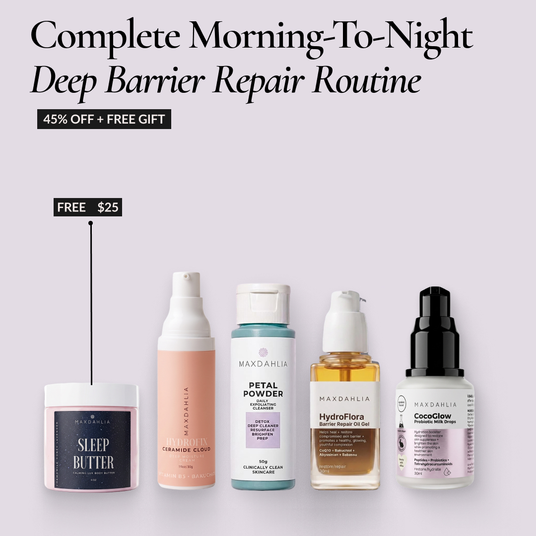 A promotional image showing five Maxdahlia skincare products in a row against a light purple background.