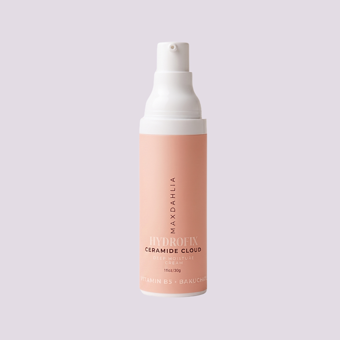 A black bottle of Maxdahlia Flora A Anti-Aging Night Moisturizer against a solid light purple background.