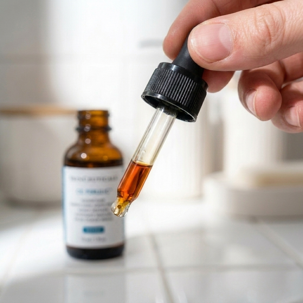 A hand holding a glass dropper filled with an amber-colored liquid over a tiled surface, with a bottle blurred in the background.