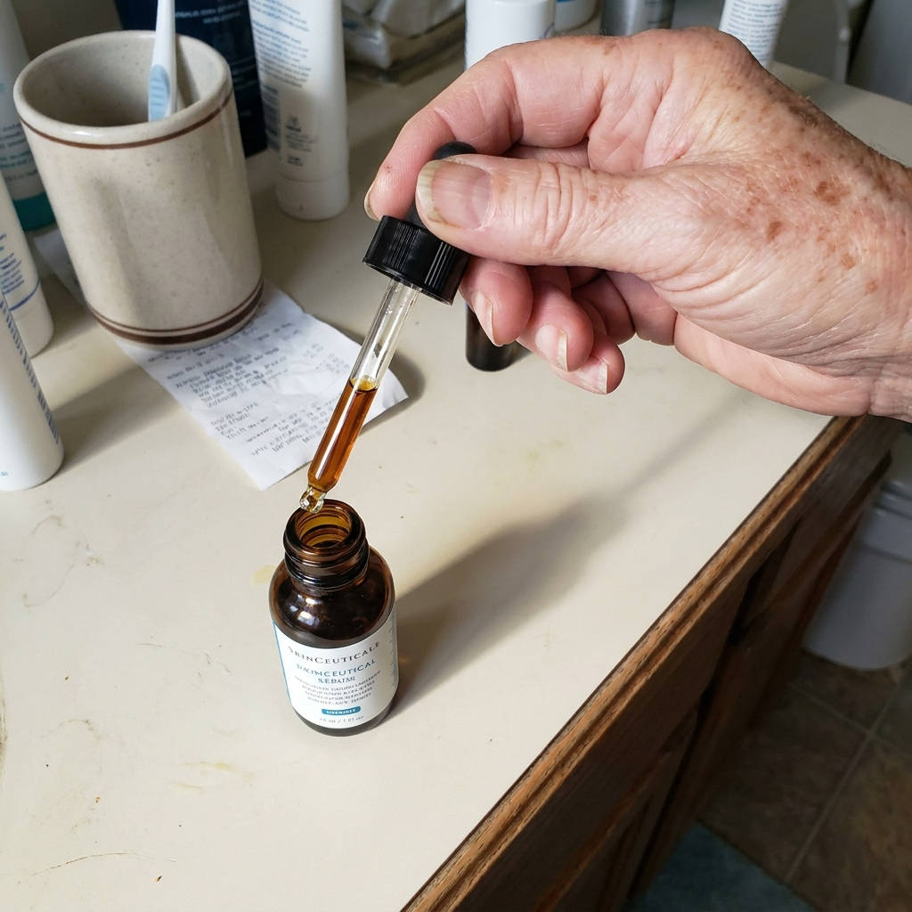 A person's hand holds a glass dropper with amber liquid over a small brown bottle of SkinCeuticals serum.