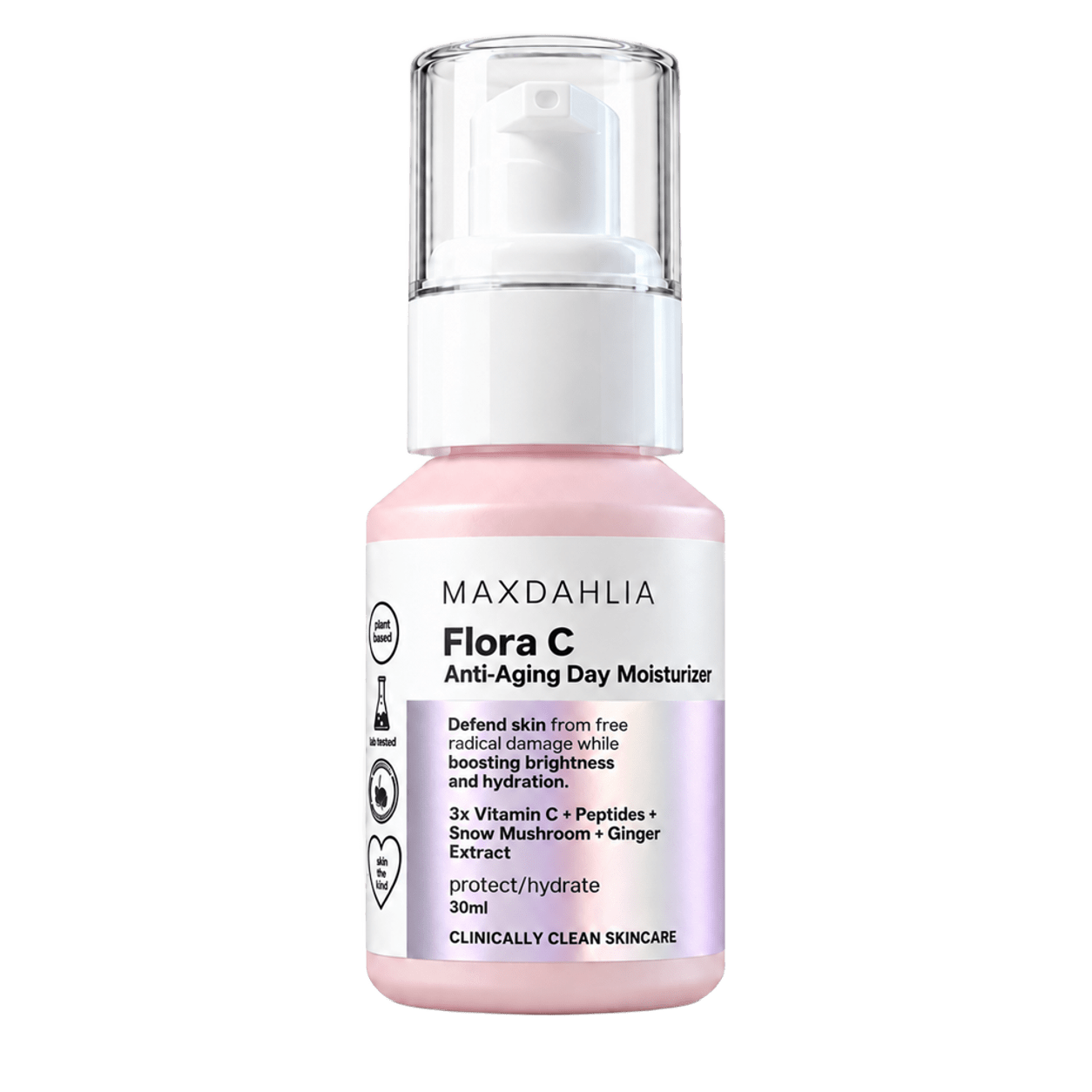 A pink bottle of Maxdahlia Flora C Anti-Aging Day Moisturizer with a white pump and clear cap.