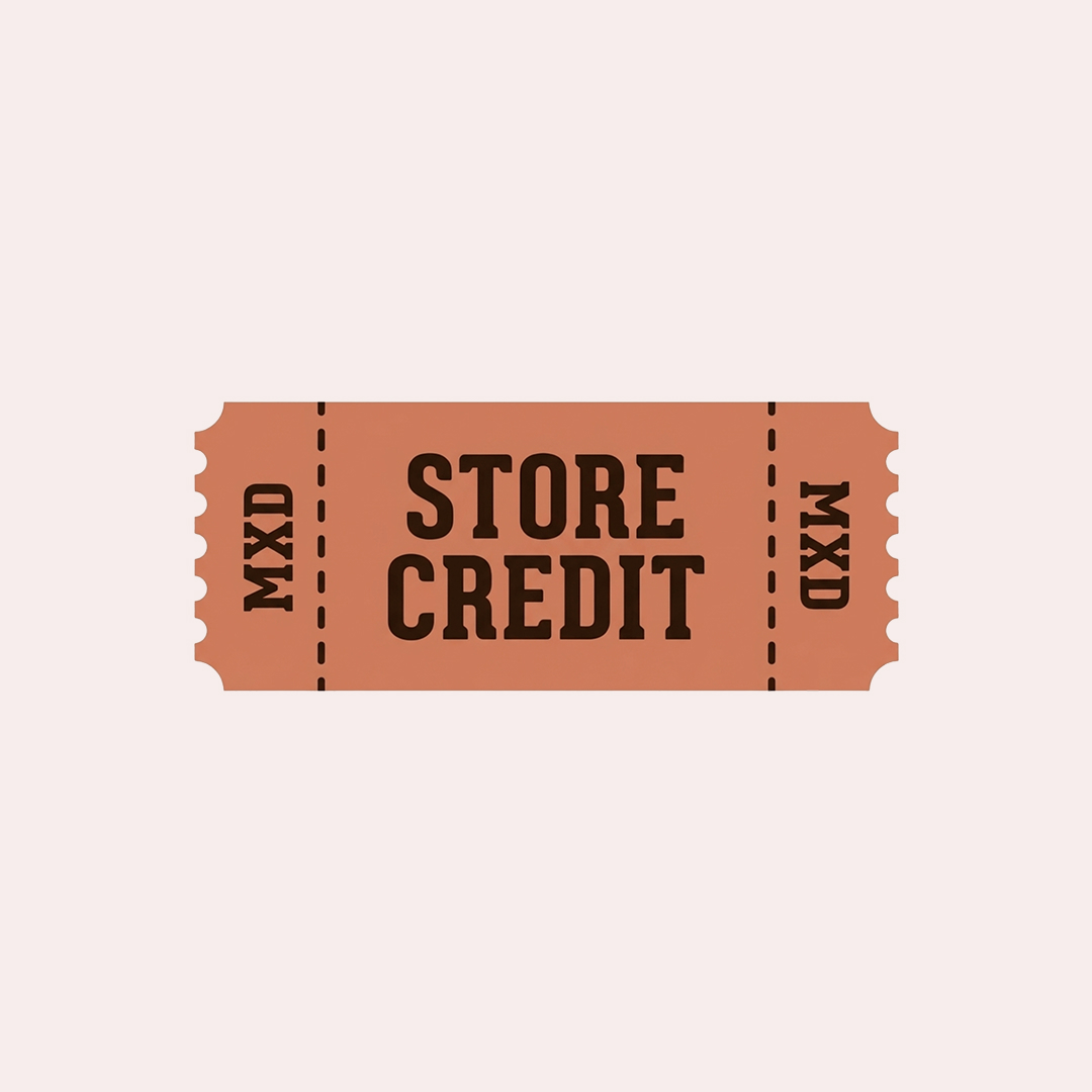 A graphic illustration of a terra-cotta colored ticket stub that says 'STORE CREDIT'.