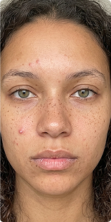 A close-up of a person's face with green eyes, freckles, and some acne blemishes.