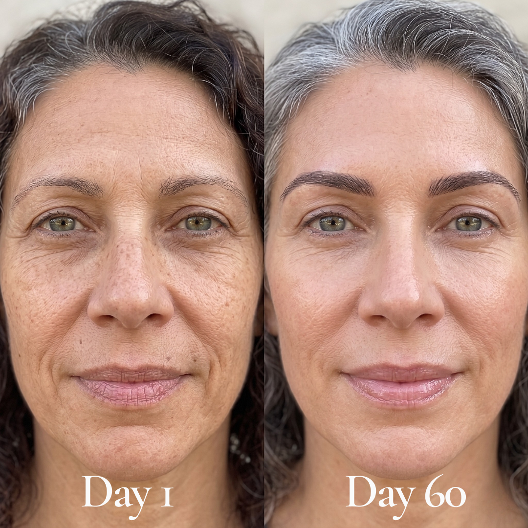 Before and after photos of a woman's face, showing her skin and hair on Day 1 versus Day 60.