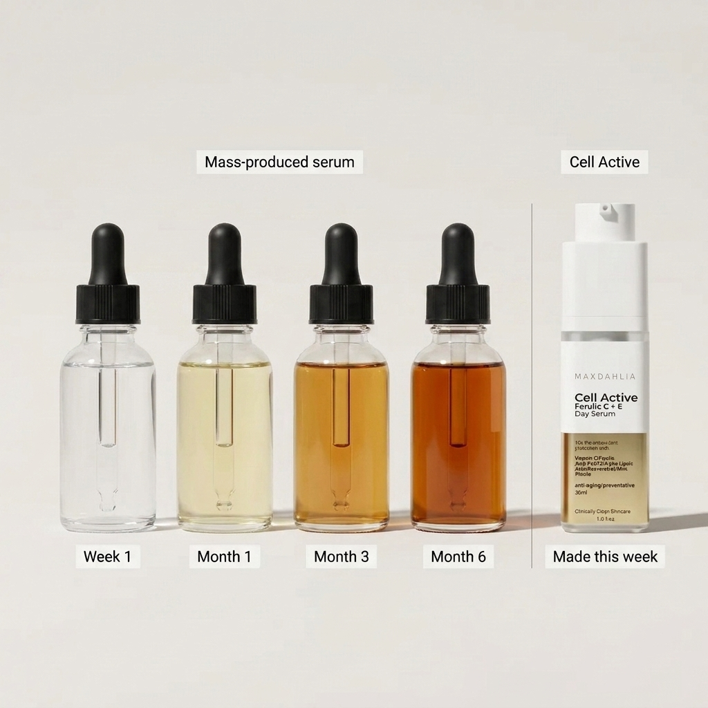 Four serum dropper bottles showing darkening over six months, compared to one fresh pump bottle of serum.