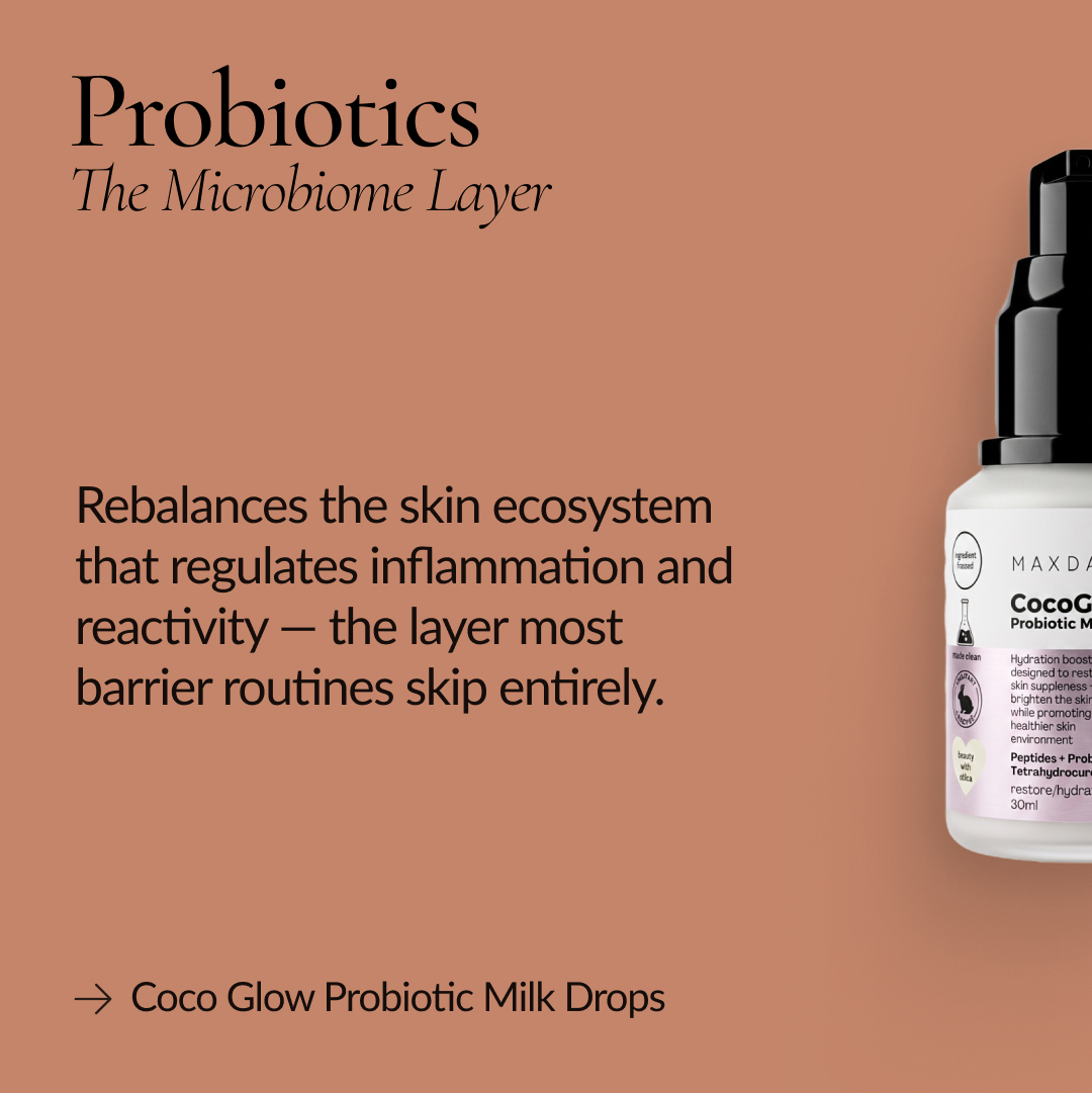 An advertisement for Coco Glow Probiotic Milk Drops, showing the product bottle next to descriptive text.