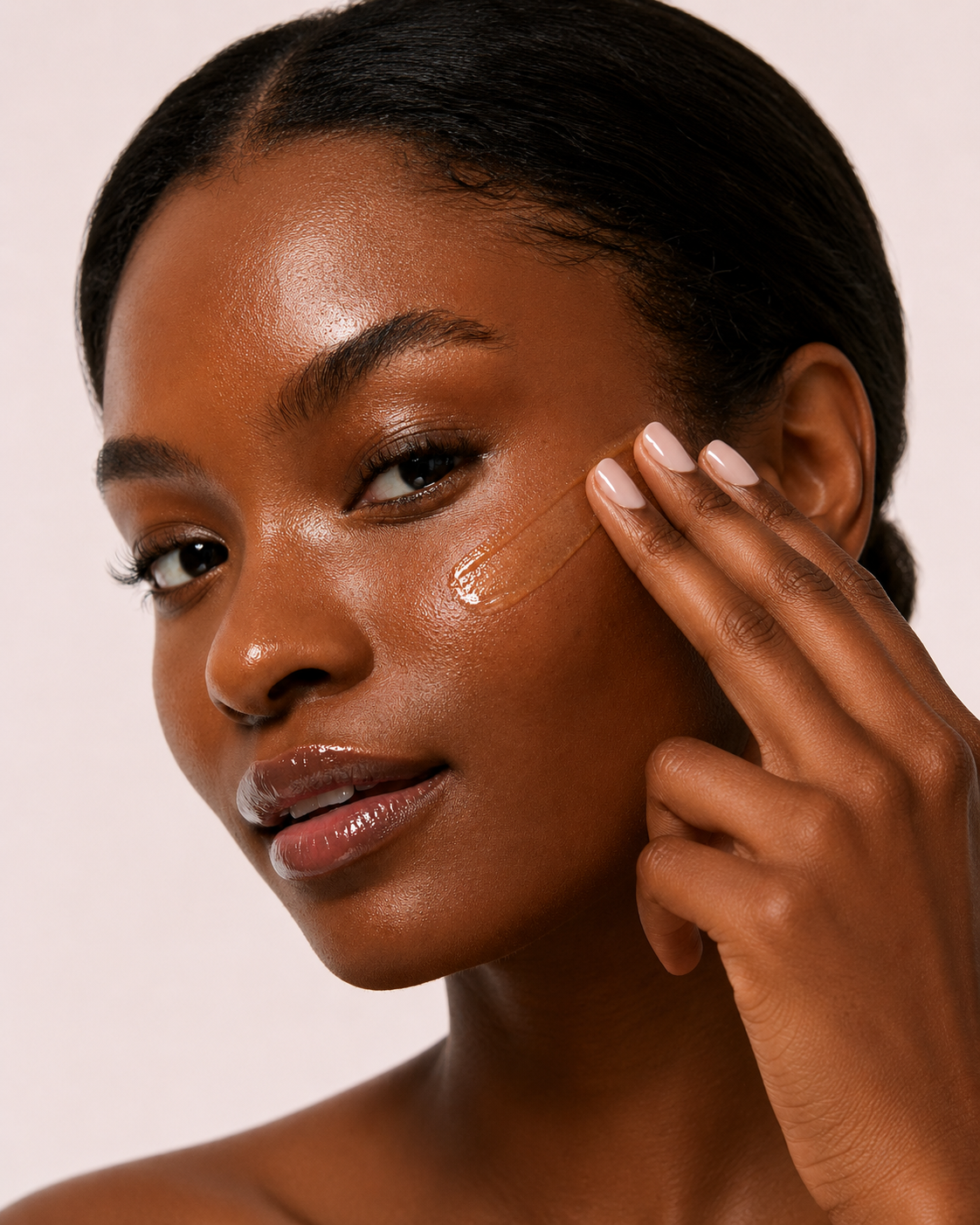 A close-up of a woman with glowing skin applying a tinted gel serum to her cheek.
