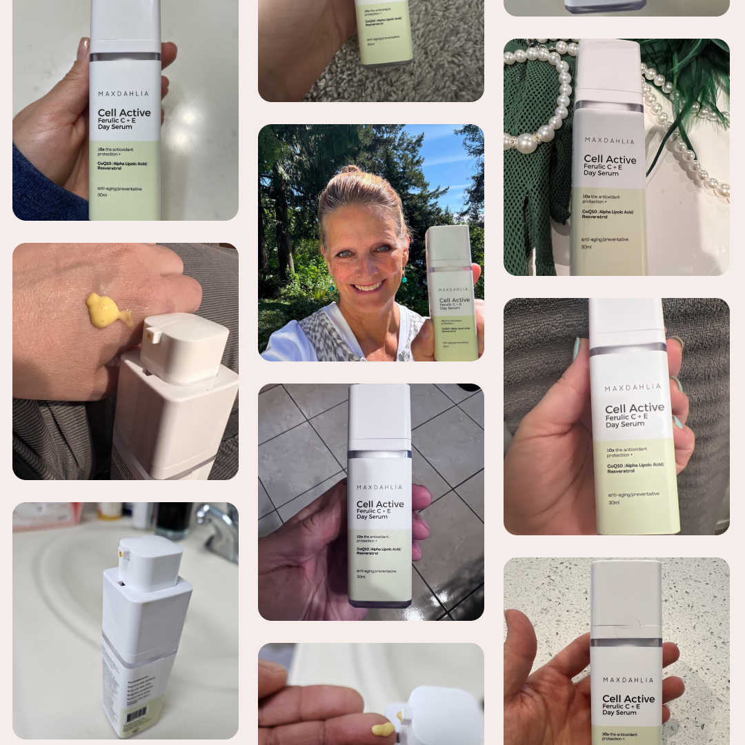 A photo collage showing various people holding and using MAXDAHLIA Cell Active Ferulic C+E Day Serum.