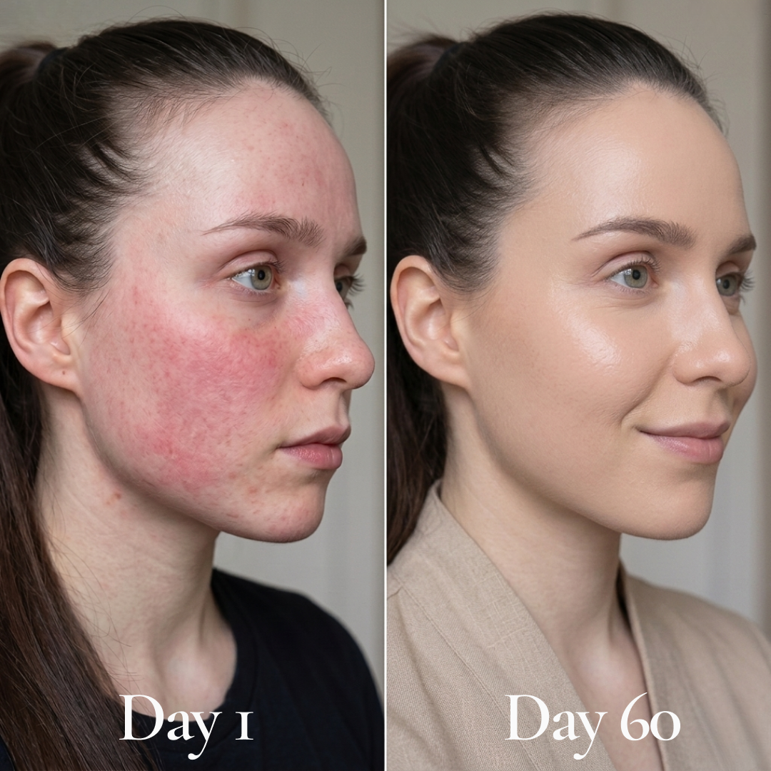 Before and after photos of a woman's face, showing her skin and hair on Day 1 versus Day 60.