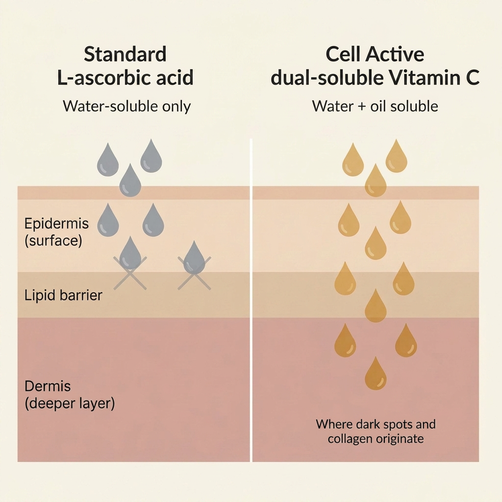 A diagram comparing how water-soluble and dual-soluble Vitamin C penetrate different layers of the skin.