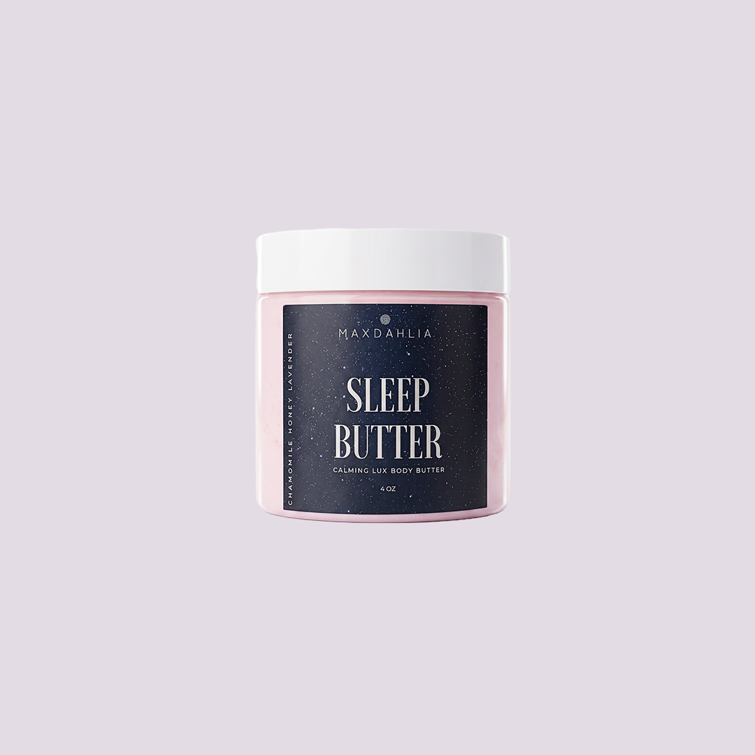 A jar of Maxdahlia Sleep Butter, a calming lux body butter, against a light purple background.